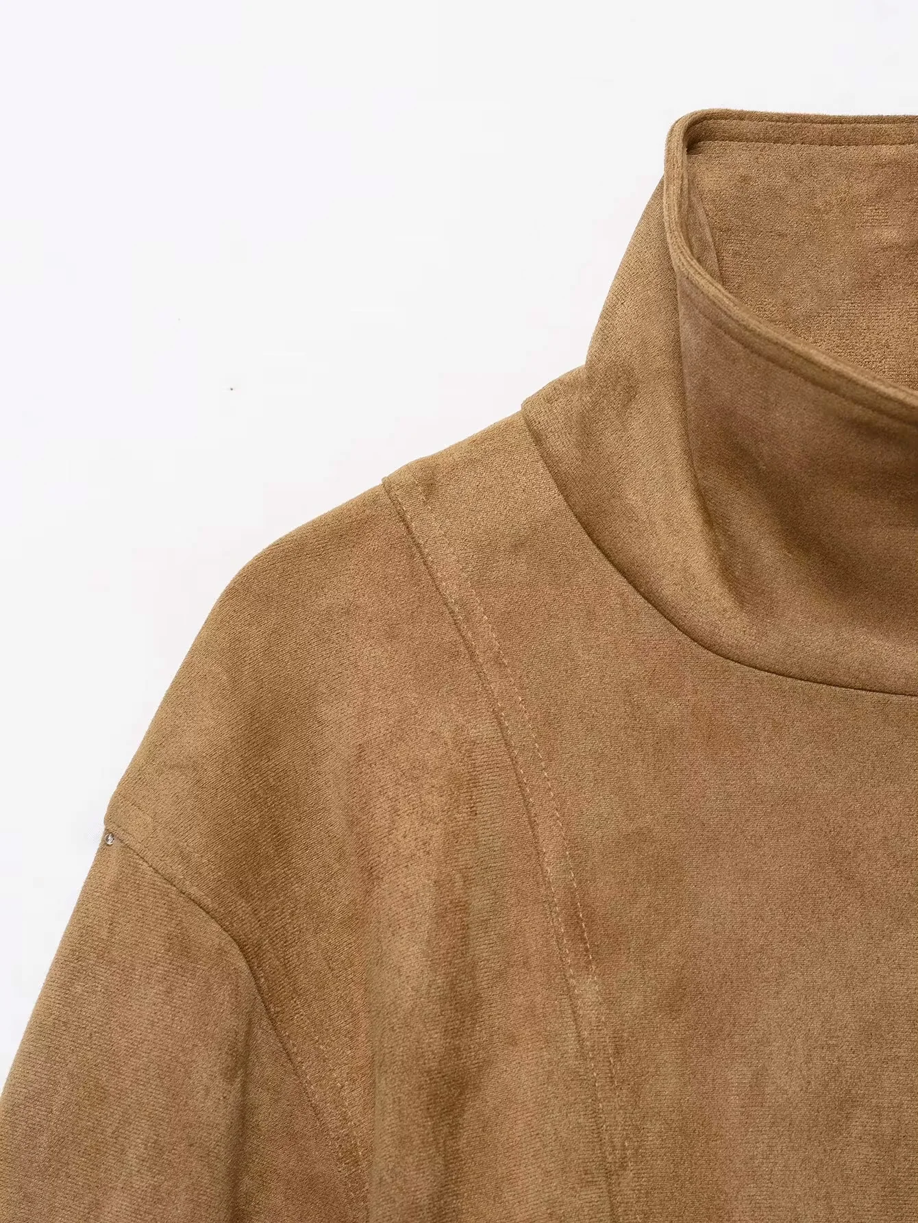 HH Damen Vintage Kunstleder Khaki Oberbekleidung Modische Jacke mit Hohem Stehkragen und Wildleder-Taille Frühling Herbst Warmer Lässiger Alltagsmantel – Detail 5