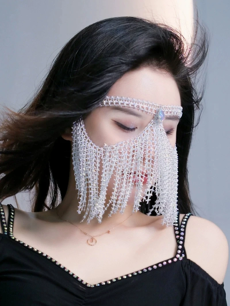 

Belly Dance Stage Mask with Rhinestone Face Shawl for Women Performance Costume Accessories Woman Halloween Costume Accessories
