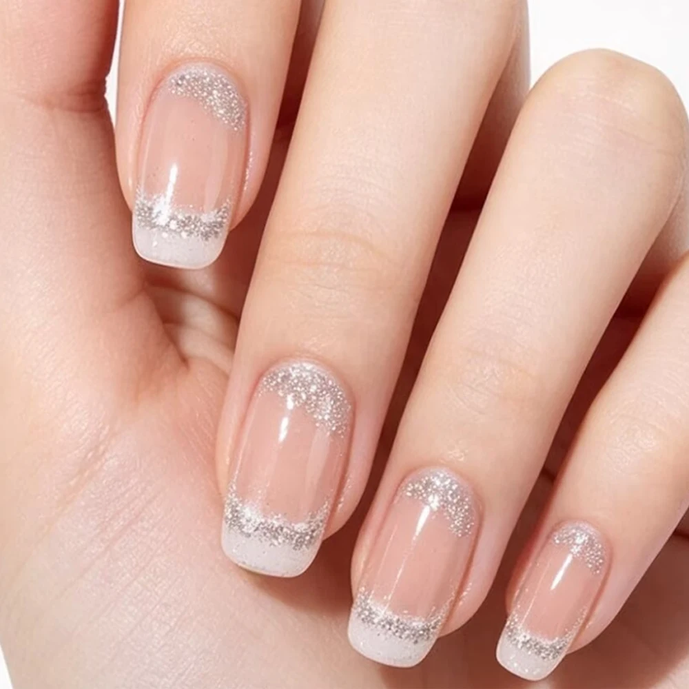 24pcs/set Short Middle Fake Nails Super Sparkling Glitter Flowers Starry Sky Ballet Square Almond Tips Press On False Nails Art
