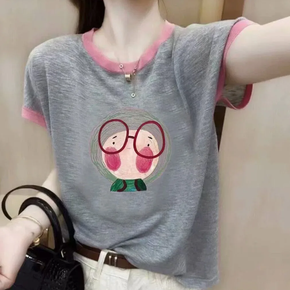 Outlet Summer Ice Silk ort Sve T-irt Women's Faion round Ne Thin Printed Top Cool Sensation Loose Fit Regular Length