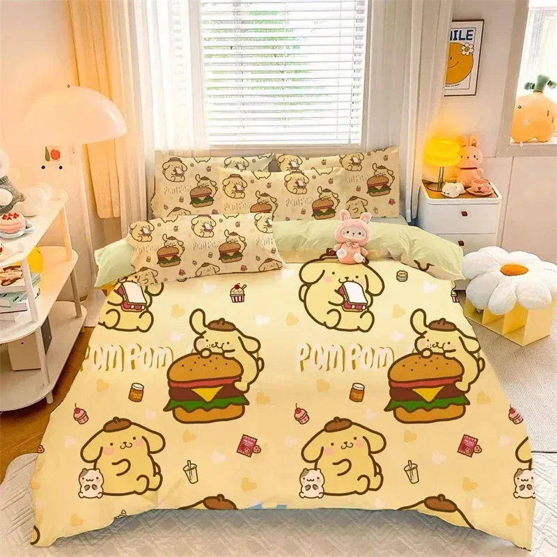 Sanrio Kawaii POM Purin ผ้าคลุมผ้านวมอะนิเมะที่ถอดออกได้ถ้วยป้องกันสกปรกนุ่มชุดนอนสไตล์เกาหลีน่ารัก