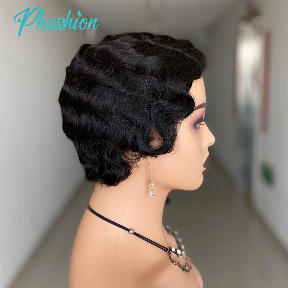 Phashion Pixie Cut Wigs Finger Wave Colored & Natural African Wig For Black Women Short Straight Machine Made None Lace Hair