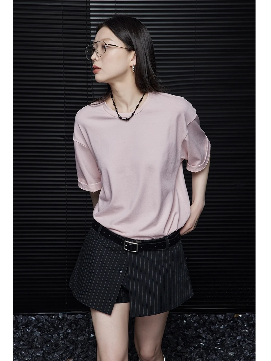 

Pink ort Sve Cotton T-irt Women's Summer Loose Fit round Ne Vintage American Sle Streetwear Casual Pure Color