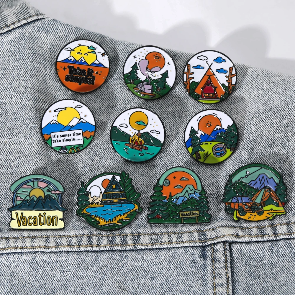 Personality Creative Natural Camping Collection Pins Summer Vacation Take It Simple Enamel Brooches