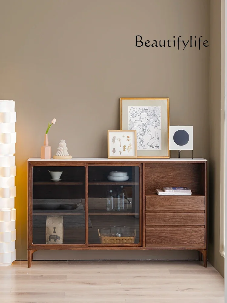 X America Black Walnut Wood Sideboard Cabinet Ultra-Thin Solid Wood Side Cabinet Stone Plate Storage Small Size Wall Living Room