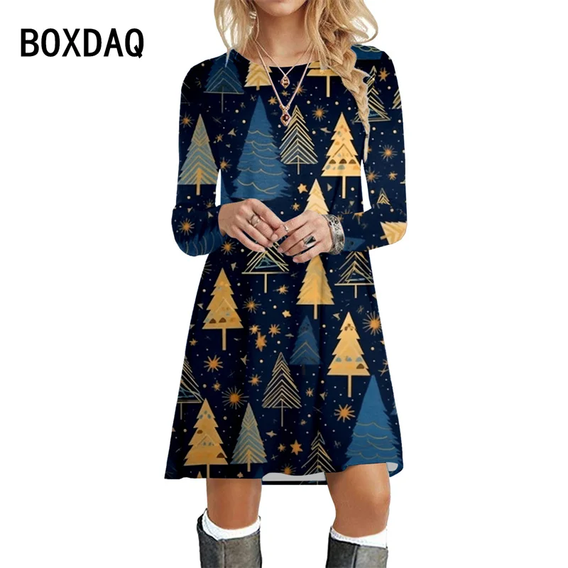 Newest Women's Christmas Dresses 3D Christmas Tree Christmas Deer Snowflake Pattern Dress Autumn Long Sleeve O-Neck A-Line Dress