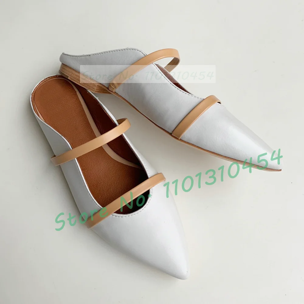 Nude Leather Flats Slippers Women Pointed Toe Shoes With Double Straps Summer Party Mule-inspired Open Back Silhouette Slipper