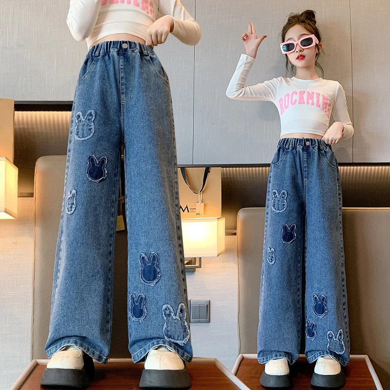 

Fashion Girls Jeans Cartoon Wide Leg Denim Pants Spring Autumn Kids Loose Straight Leg Trousers for Teenage Children