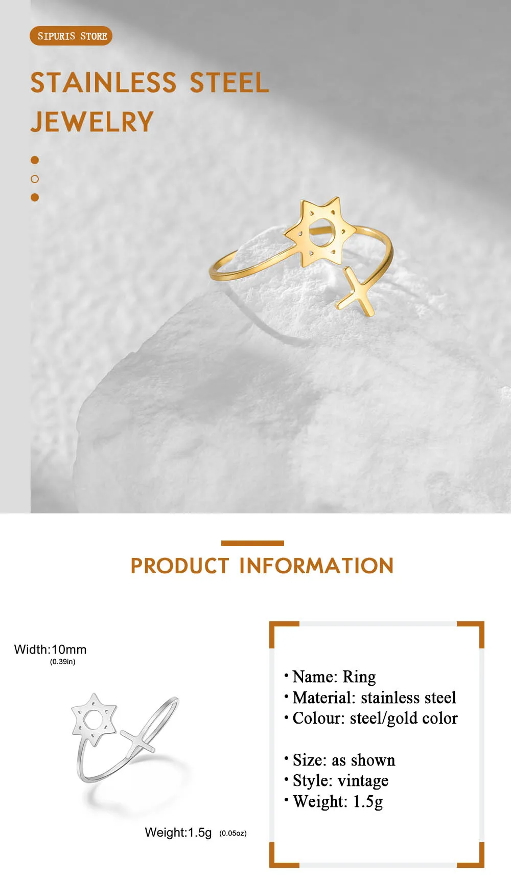 Sipuris Hexagramm-Kreuz Offener Ring für Damen und Herren, Edelstahl, Davidsstern, Geometrischer Charm-Ring, Modeschmuck, Geschenk – Detail 5