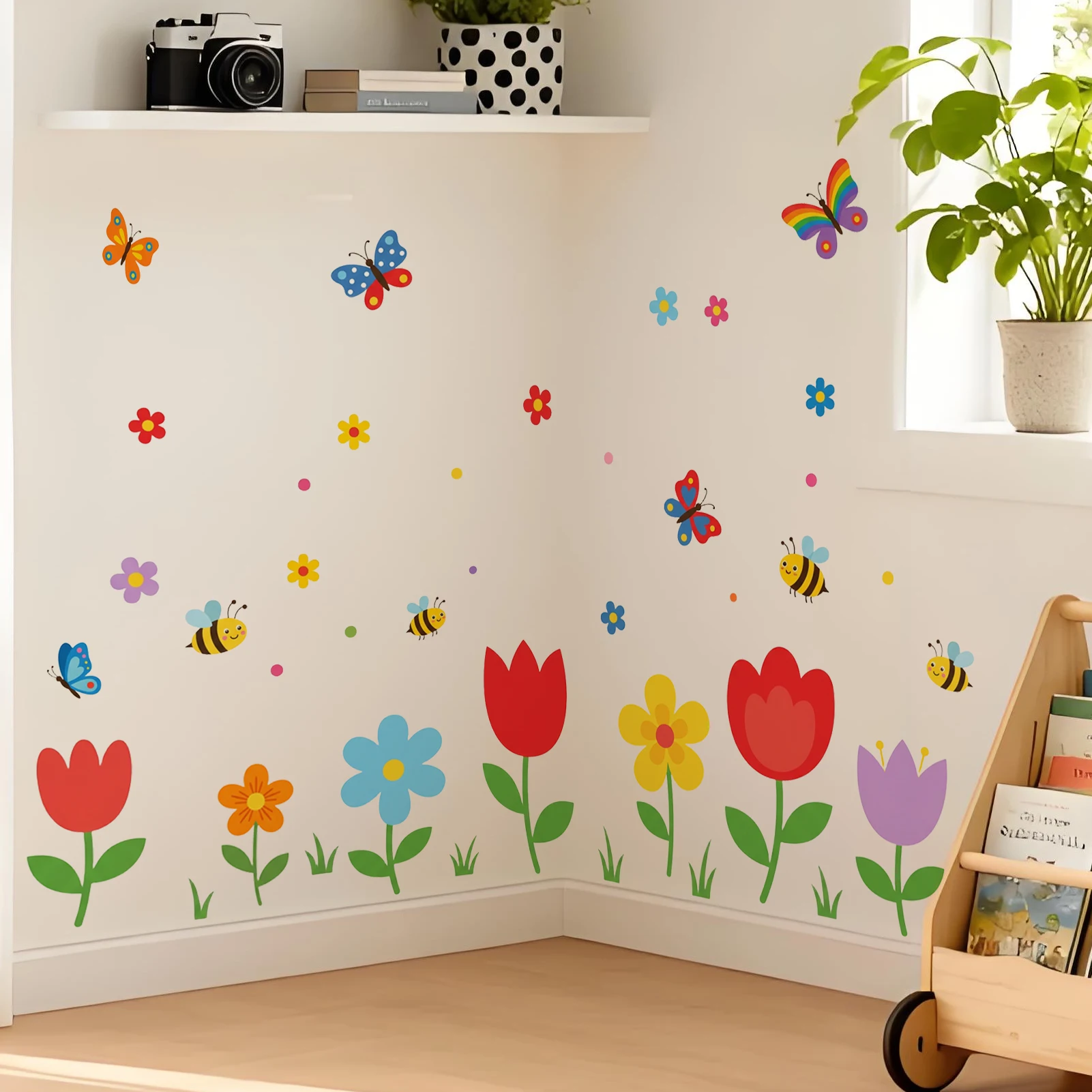 Vibrant Floral Wall Sticker, Bright Tulips, Flowers, Butterflies and Bees Vinyl Wall Decal for Home Decor