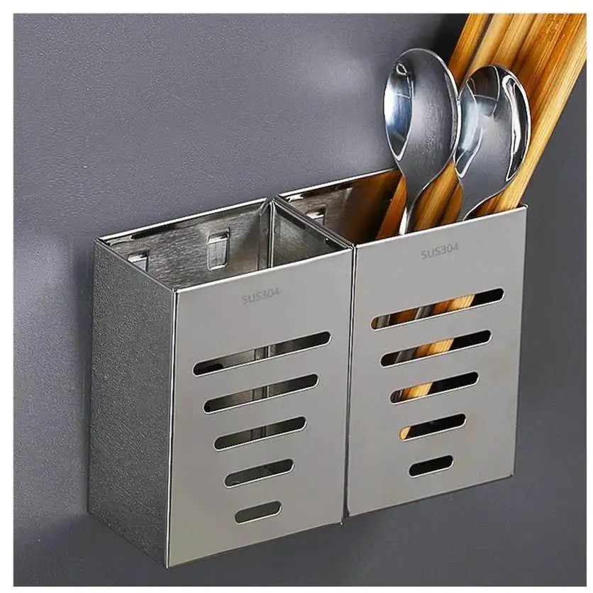 

Stainless Steel Wall-Mounted Kitchen Utensil Holder Chopsticks Spoon Storage Box Rack No-Punching Required Home Organization