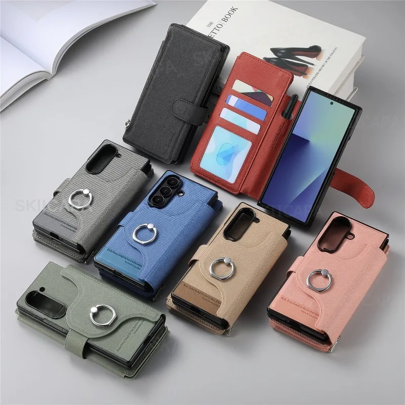 محفظة بسحاب غطاء مغناطيسي لهاتف سامسونج Z Fold 7 Fold6 Fold5 Fold4 Fold3 Magsafe 2 في 1 حامل جلدي قابل للطي حقيبة الهاتف