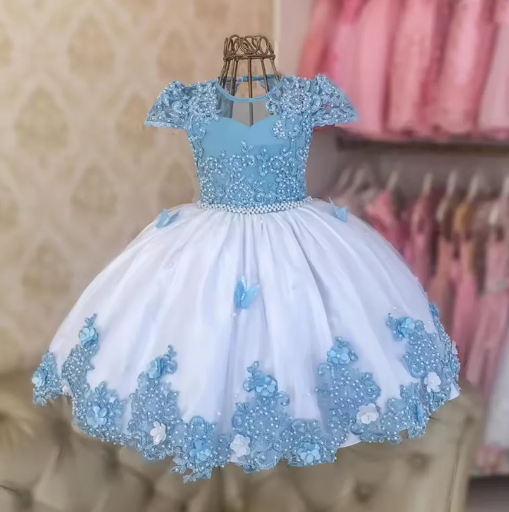 

Customized Luxury Flower Girl Dresses For Wedding Appliques Pearls Butterflies Cute Princess Birthday Party First Communion Gown