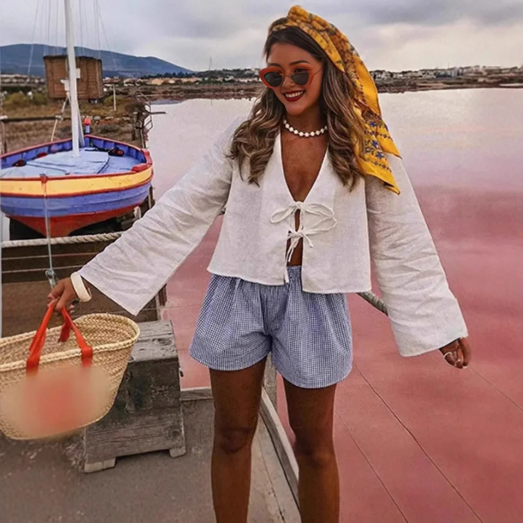 

Женский расклешенный кардиган с глубоким V-образным вырезом, верхняя одежда, топ с завязками, полиэстер, свободный крой, длина Seven Sve, весенний сезон