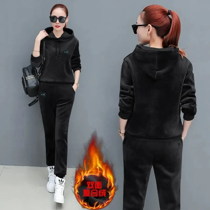 Korean Hoodies And Sweatpants Suit Ensemble Jogging Femme 2 Piece Set Autumn Winter Thick Casual Velvet Tracksuit Women Outfits