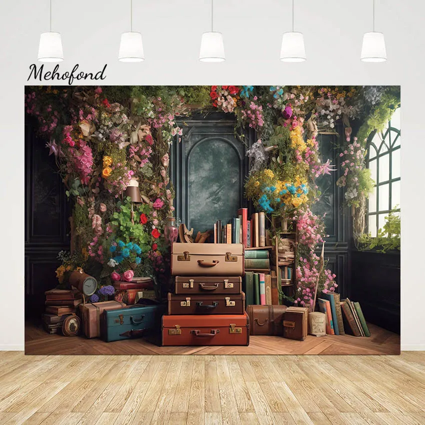 Mehofond Welcome Back to School Backdrop for Photography Kids Party Vintage Wall Flower Luggage Book Decor Background Photocall