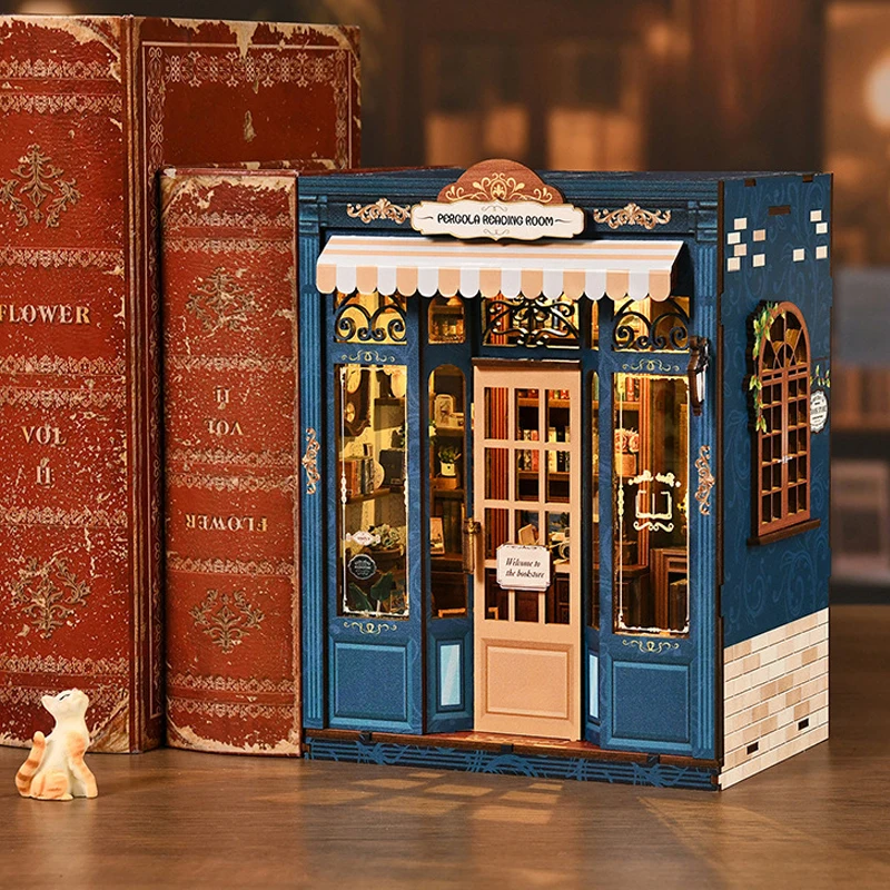 FurHaven Retro DIY Wooden Book Nook Figurines Miniature Kits Pergola Reading Room Bookshelf Home Bookend Decoration  Gifts