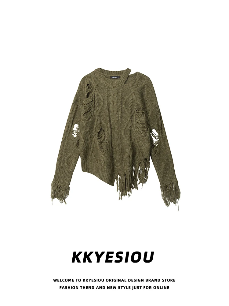 

Вязаный свитер KKyesiou Street Sle ort для женщин с высокой талией, с рваными элементами и дырками, в американском ретро-стиле, осень-зима