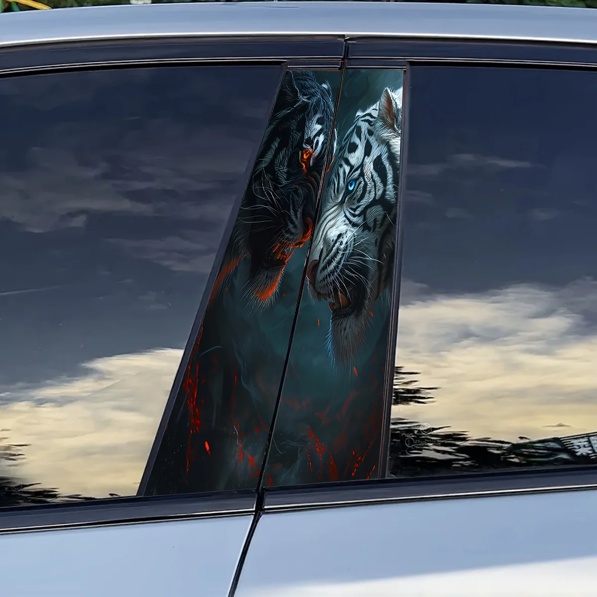 2-Piece Tiger Beast Mythical Bio Car B-Column Vinyl Decal Self-Adhesive Waterproof Scratch Car Decoration Animal Printed Sticker