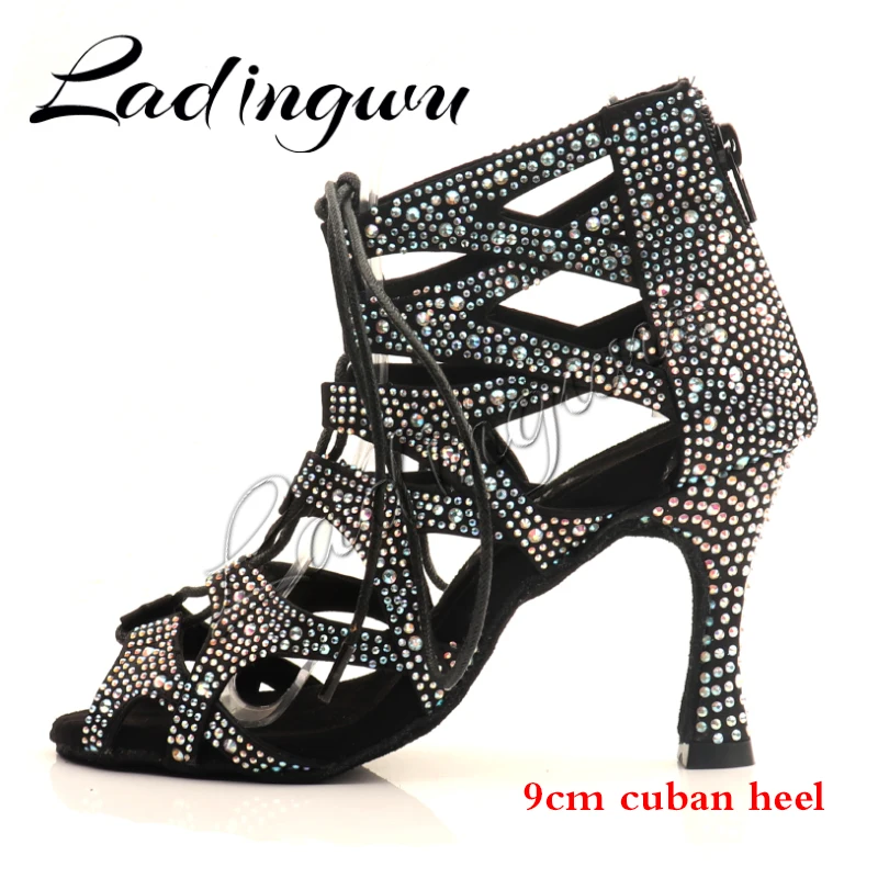 Ladingwu Women's Latin Dance Shoes Cuban Heel Ballroom Dancing Boots Rhinestones Sandals for Ballroom Salsa Rumba