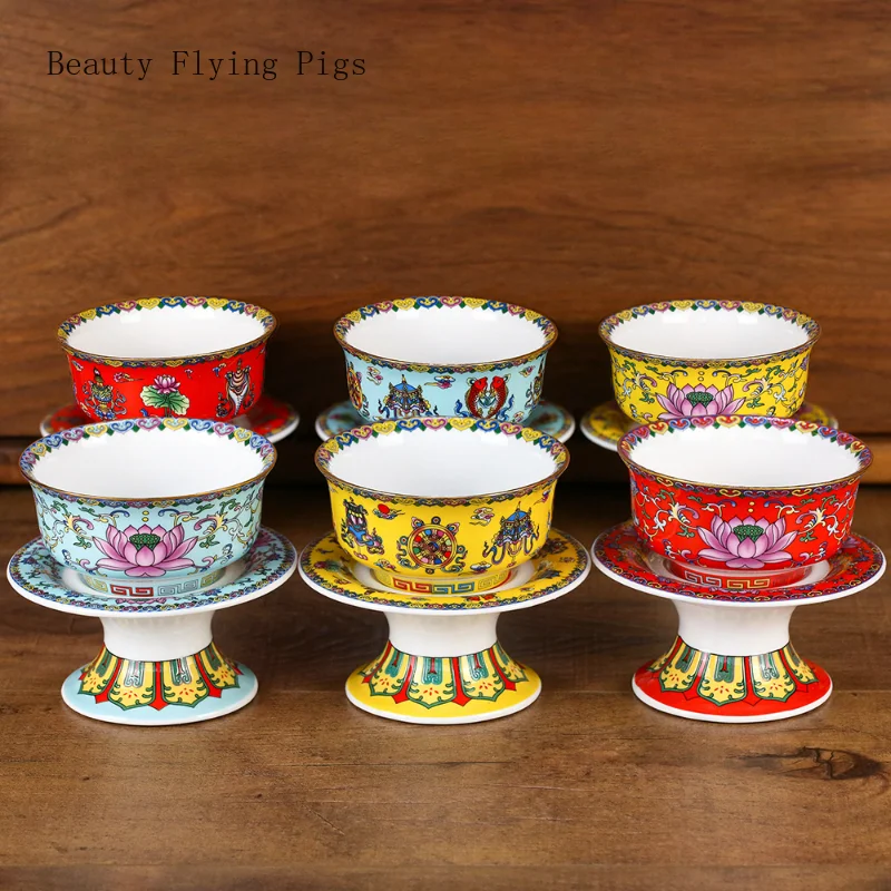 1PCS enamel colored ceramic bowls for offering Buddha supplies in the Eight Auspicious Studio Lotus Buddha Hall Holy Water Cup