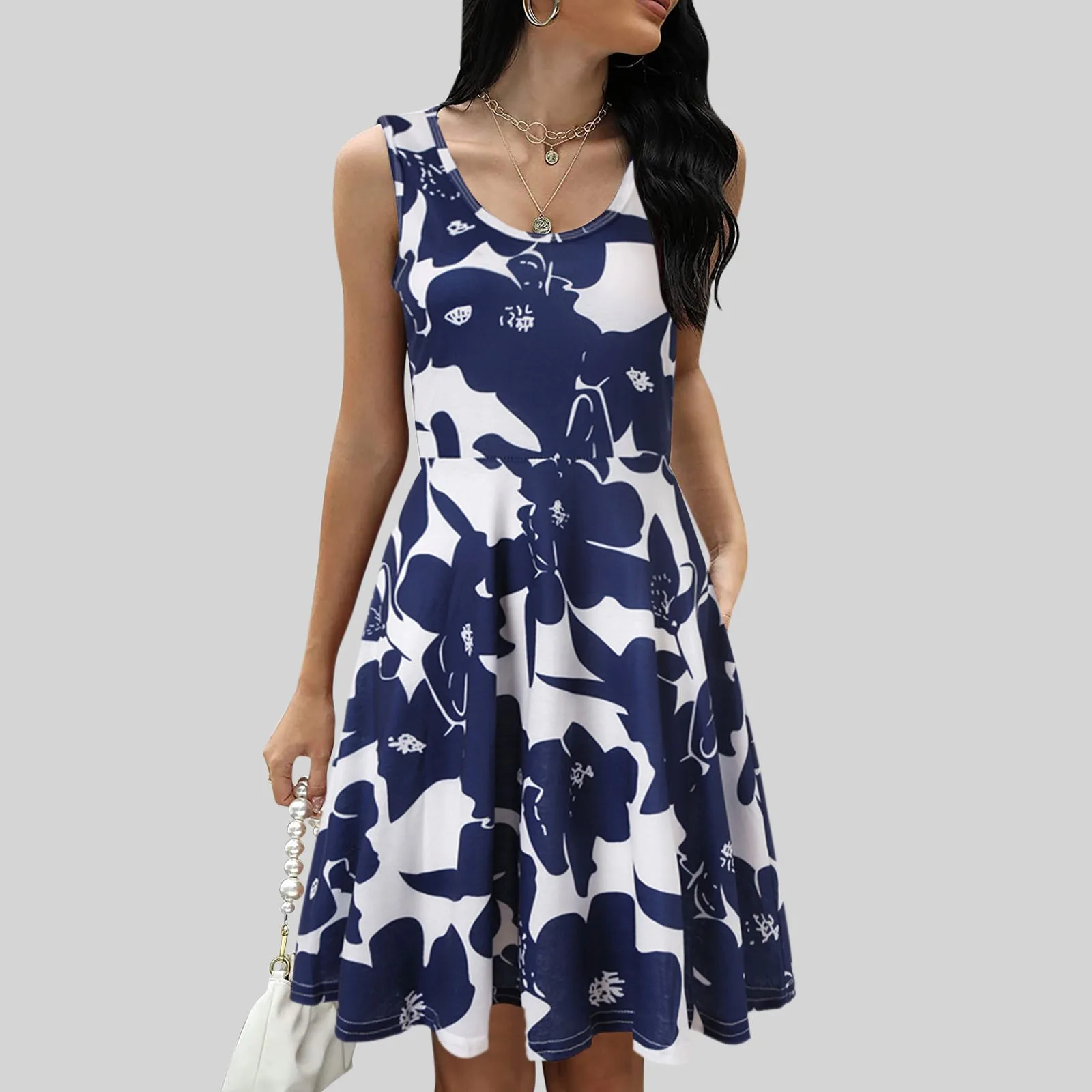 

Casual Printed Mid Dress For Women Summer Round Neck Sleeveless Knee Length Skirt Female A-Line Pleated Boho Style Dress Holiday