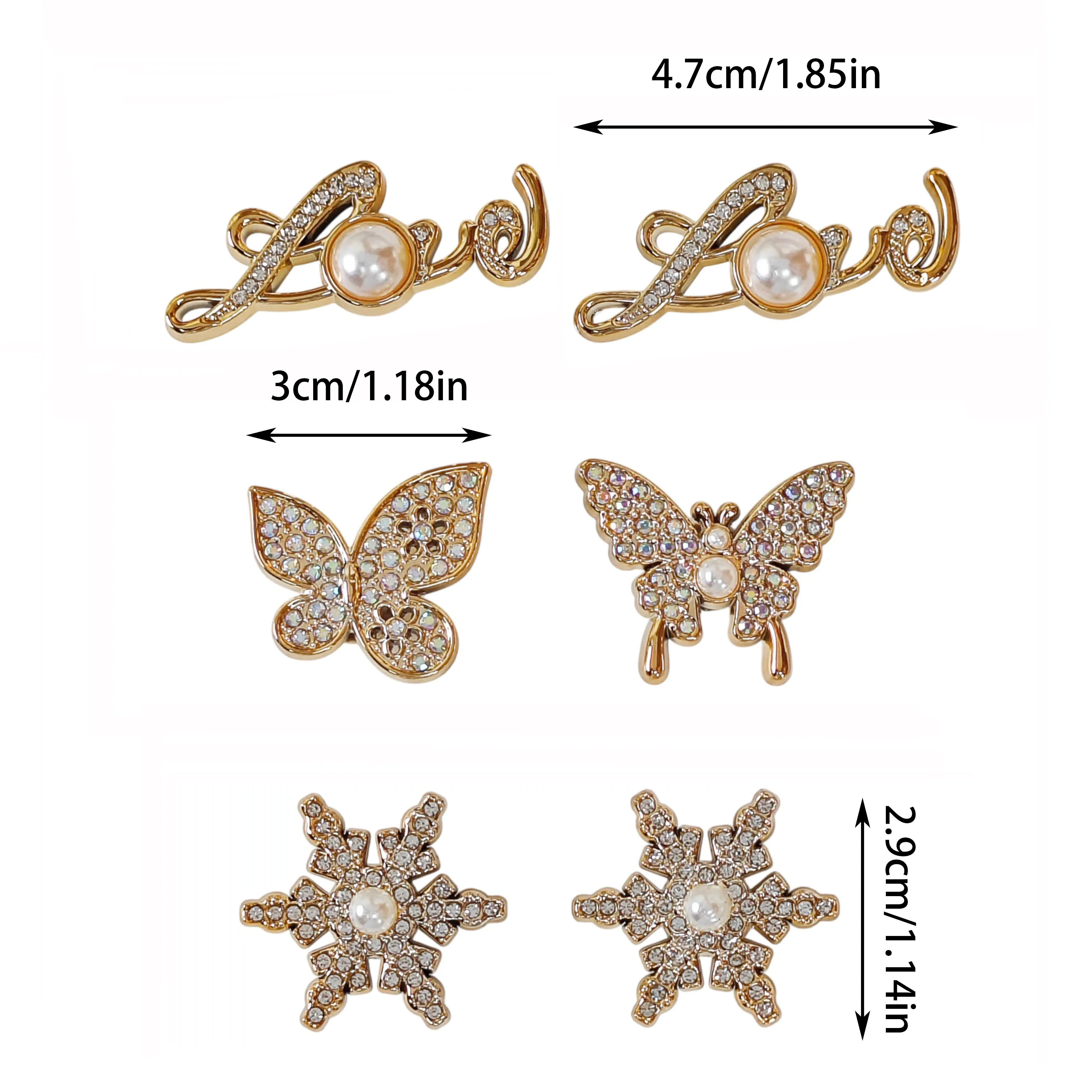 6Pcs DIY Shoe Decoration Charms with Glittering Rhinestones, Butterflies, Letters, and Snowflakes. Non-Metallic Lightweight Material. Y2K Fashion Versatile Cute and Unique Style for Both Men and Women. Suitable for Eva Beach Shoes, Sandals, Removable Shoe Decorations, Holiday Gifts