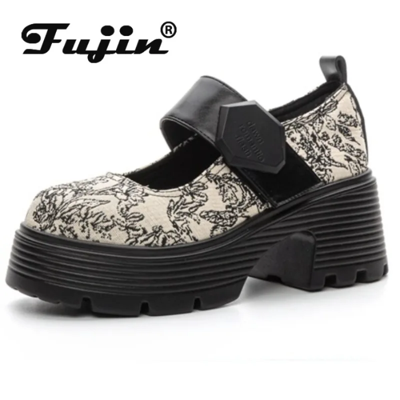 Fujin 8cm Stretch Fabric Ethnic Cloth Leisure Hook Platform Wedge Autumn Spting Authentic Mary Jane Shoes Pumps Summer Women