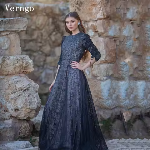 Verngo Black Lace Evening Dress O Neck Half Sleeves A Line Prom Gowns Elegant Arabic Prom Dress Customized