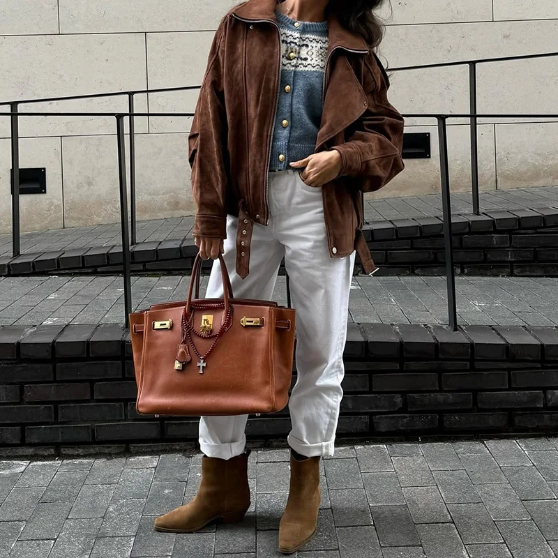 Vintage-Jacke aus massivem Kunstwildleder mit Reißverschluss für Damen, modisch, elastische Taille, Taschen, Reverskragen, locker geschnittener Mantel, Damen-Alltags-Street-Outfit. – Detail 32