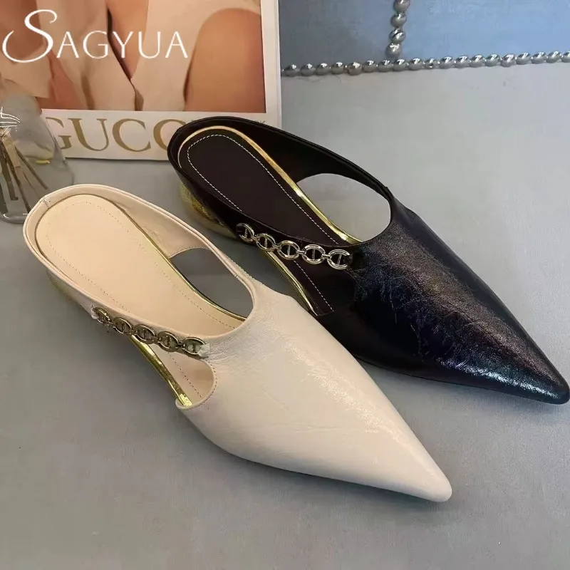 

Chain Women Mules Slippers Sexy Heeled Sandals Pointed Toe High Heels Shoes 2025 Trend Summer Pumps Dress Soft Leather Slides