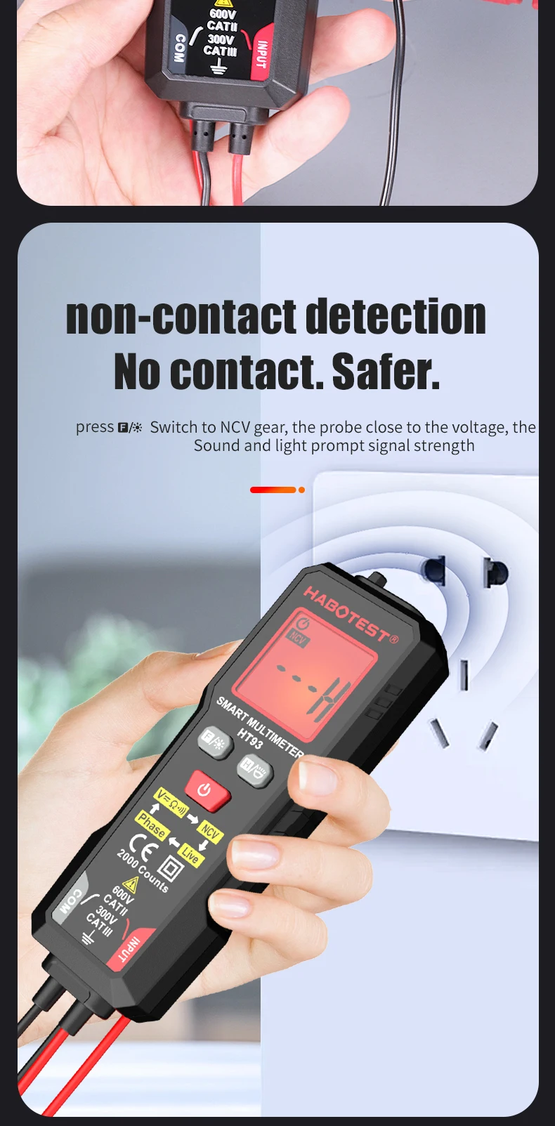 HABOTEST DC Voltage Tester Detector Multimeter 2000 Display Non-Contact Electric Pen Dual Range Live Wire Test Ohm Hz NCV Meter