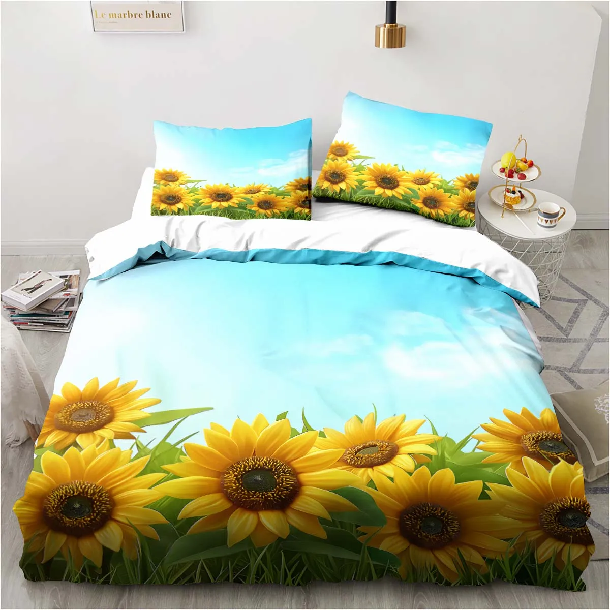 

3D Sunflower printing set bedding floral pattern three-piece set living room bedroom home decoration pillowcase quilt cover gift