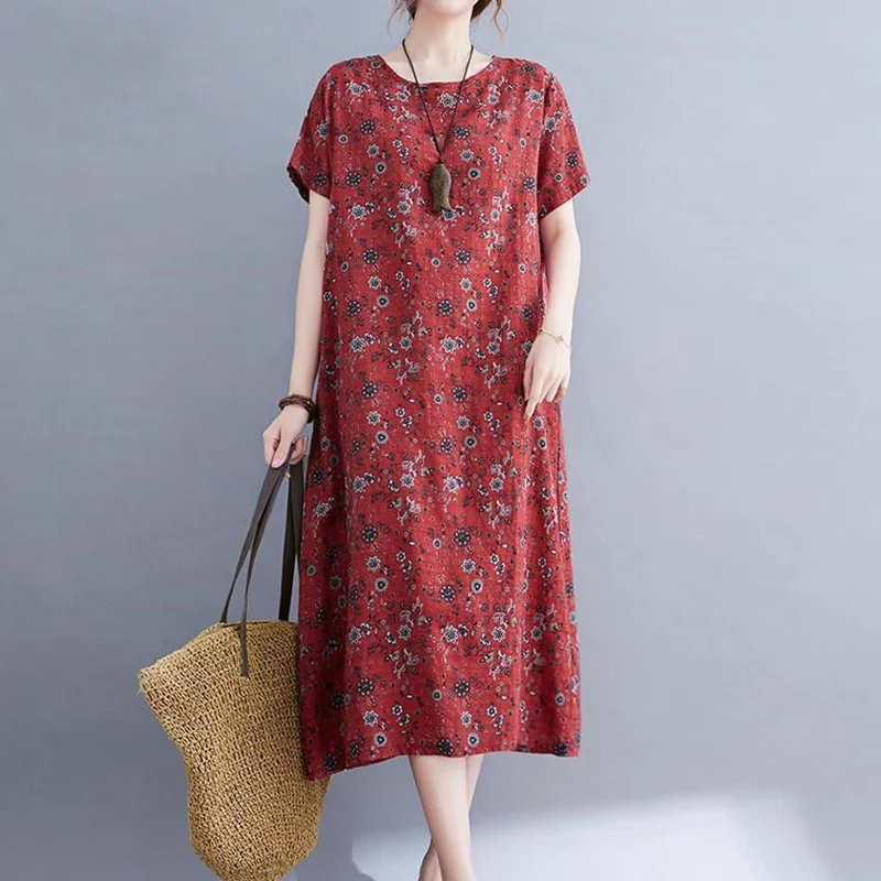 Summer Women Retro Ethnic Style Cotton Linen Floral Print Loose Casual Short Sleeve Midi Dress Elegant Fashion Dresses Vestidos