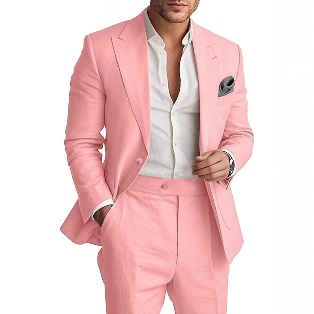

2pcs Pink Linen Slim-Fit Suit Set, Stylish Design for Wedding, Party & Fashion Event Scenarios