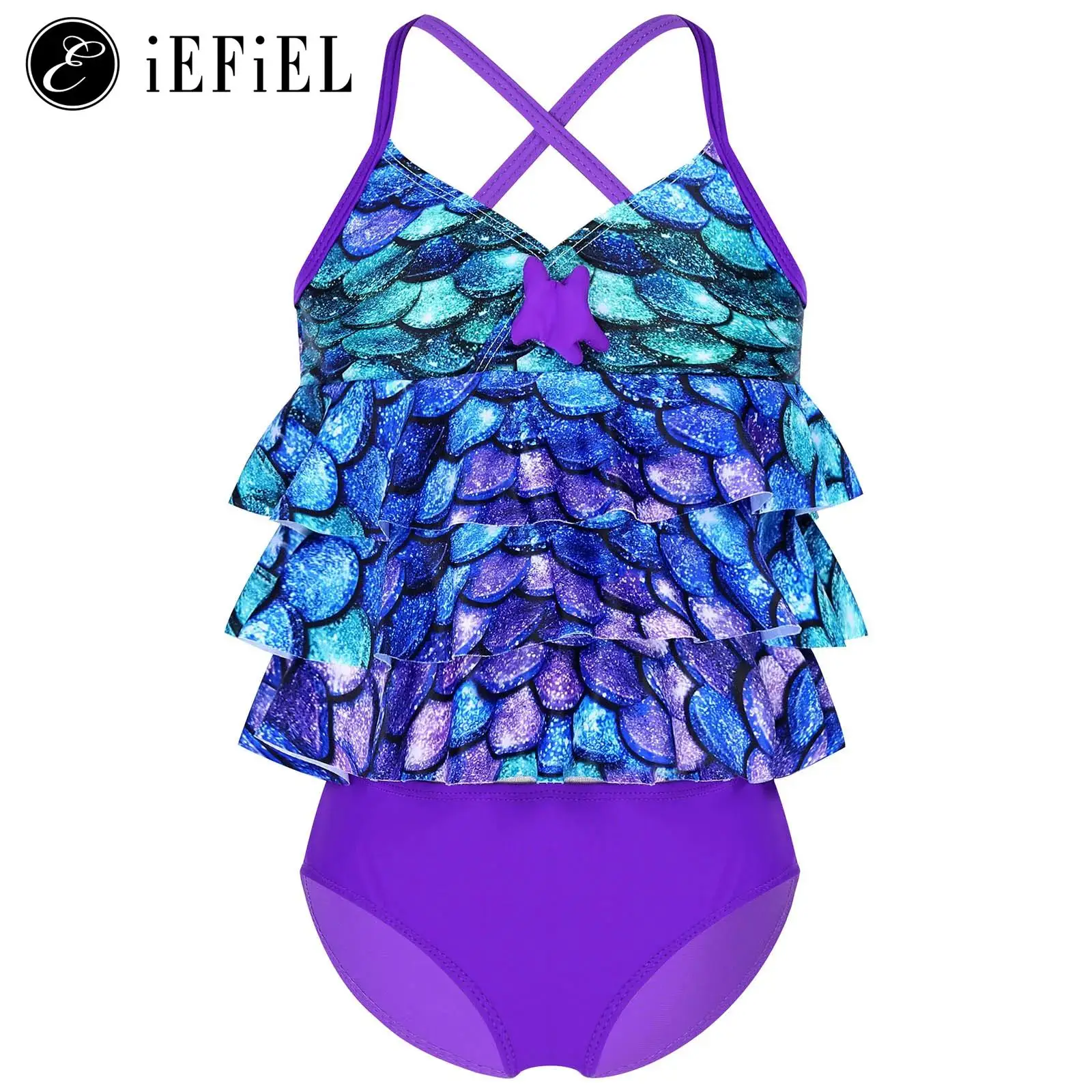 

Little Girls 2 Pcs Mermaid Bikini Sets X Straps Back Ruffles Swim Crop Top with Brief Beach Tankini Bathing Suits Swimwear