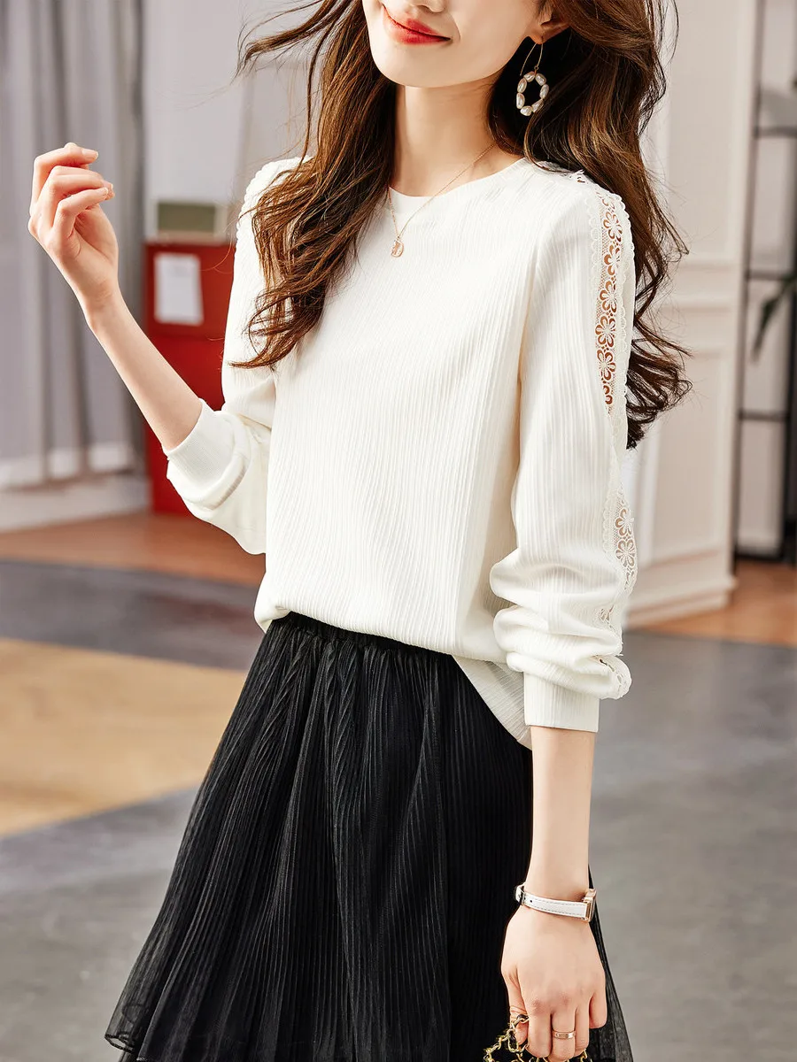 Faionable Outlet camiseta de mujer primavera otoño suave Sle versátil adelgazante Top poliéster LICRA largo Sve redondo Ne