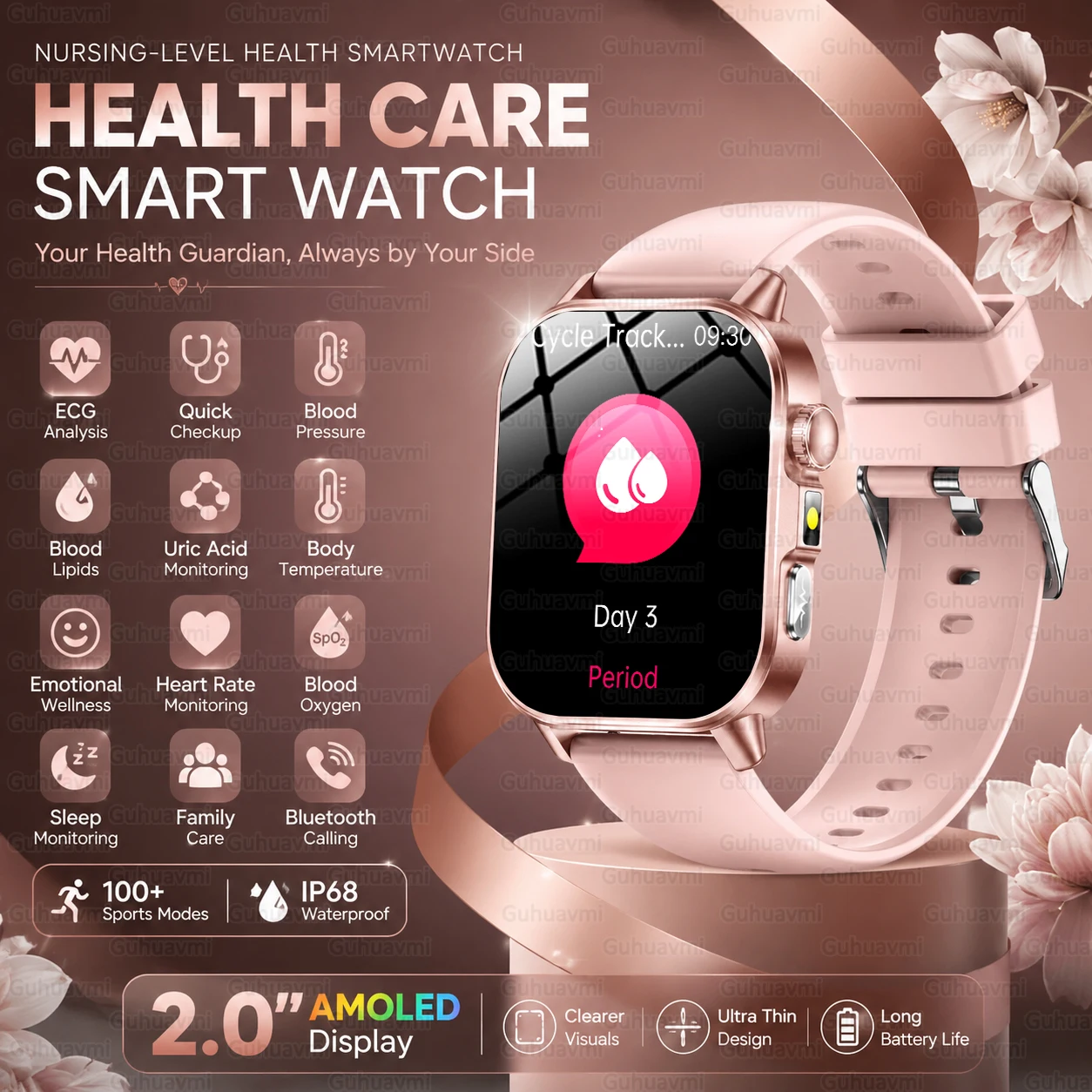 

2.0" AMOLED Nursing Grade Smart Watch Women ECG Blood Pressure Heart Rate Body Temp Bluetooth Call IP68 Waterproof Smartwatches