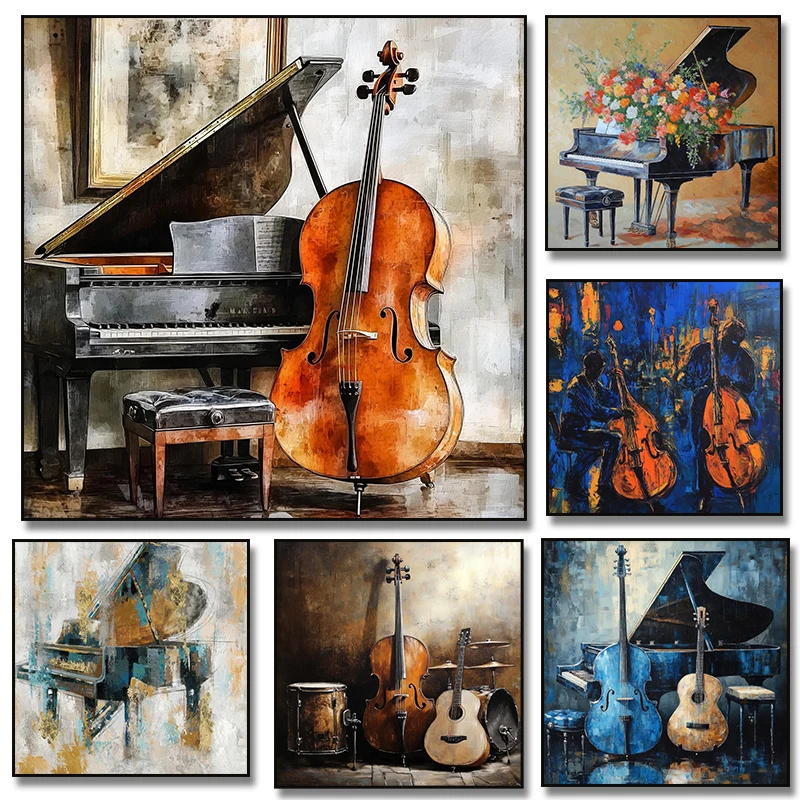 Classical Music Instrument Poster Print Wall Art Elegant Piano Guitar, Violin Canvas Painting for Living Room Home Decoration