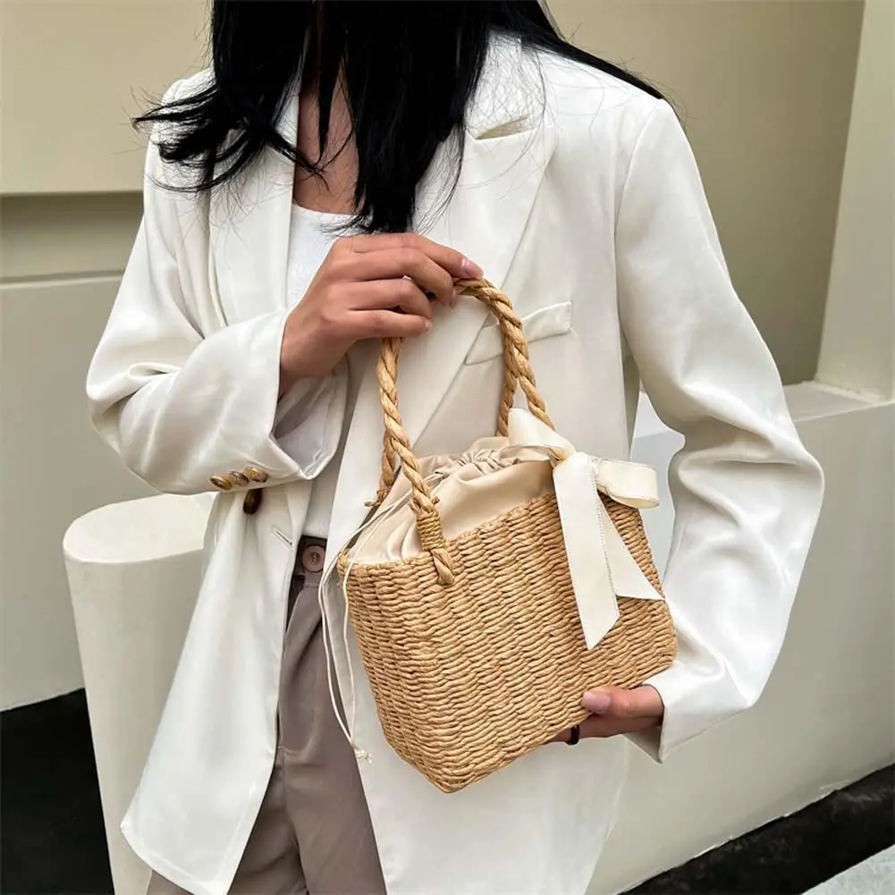 

Women Fashion Rattan Silk Ribbon Handbag Straw Square Basket Vintage Tote Clutch