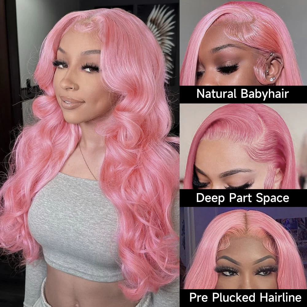 Pink Lace Front Wig 13x4 Pink Synthetic Body Wave Wig Pre Plucked With Baby Hair Colored 200 Density Pink HD Lace Frontal Wig