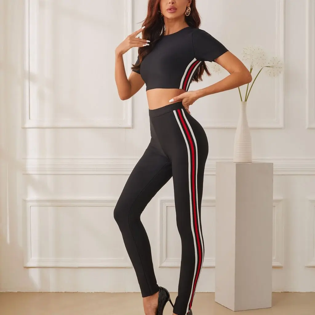 

European American Fashion Women's Skinny Pants Suit Sexy Navel Short Sleeve Bandage Casual Clothing Factory Direct