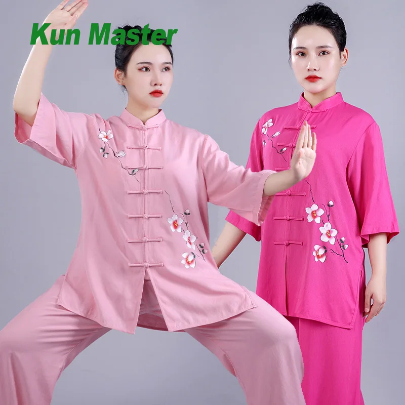 Women's Cotton Linen Tai Chi Kung Fu Suit Wudang Style Martial Arts Uniform Middle Sleeve Chinese Traditional Clothes for Summer