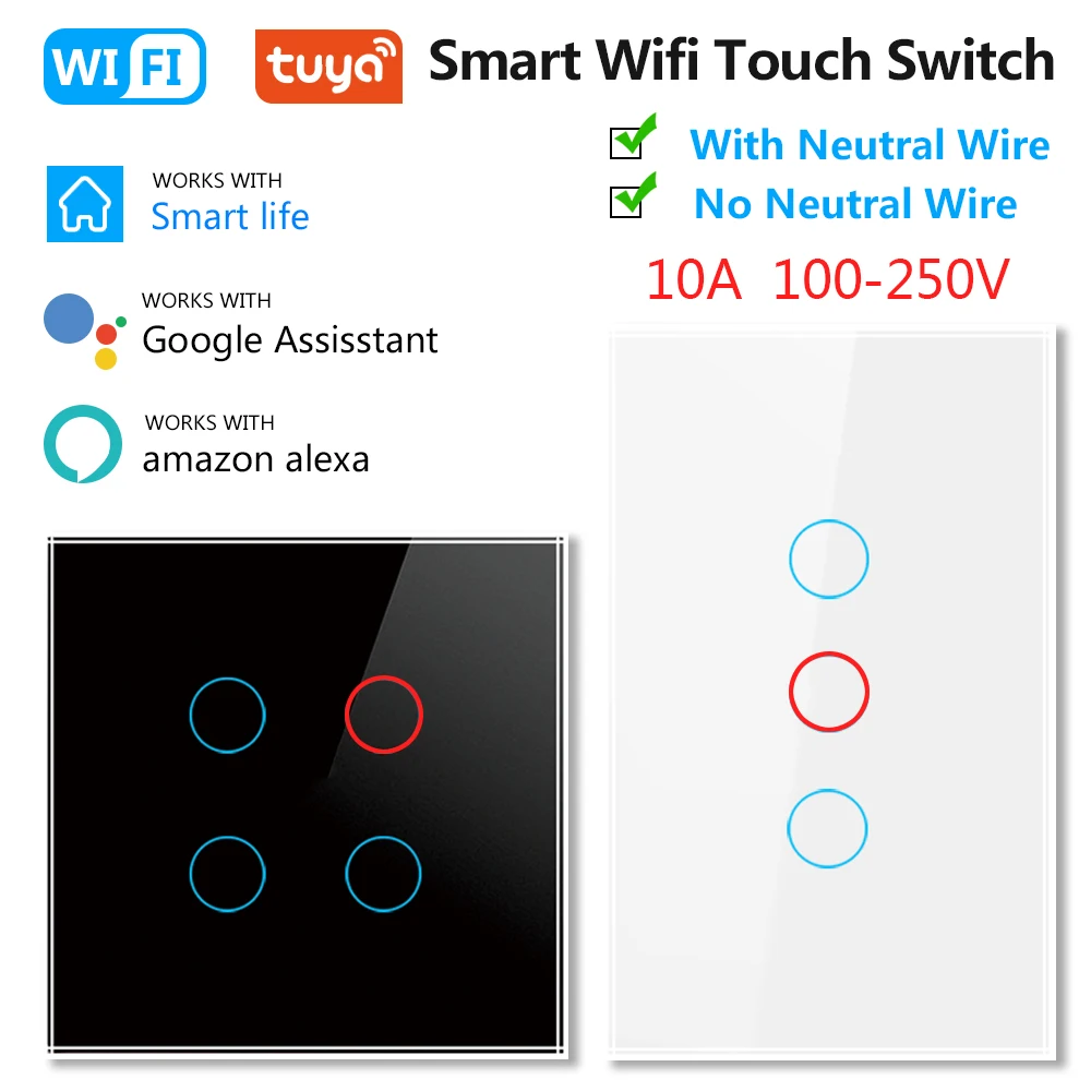 Tuya Smart Wifi Touch Switch Without Neutral Wire Smart Home EU US Life Wall Light Switch Supports 433RF Voice Alexa Google Home