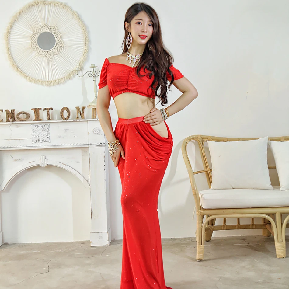 Belly Dance Professional Sexy Costume 2 PCS Set Top and Long Skirt Yarn For Adult Women Dancing Outfit Practice Clothes Wear