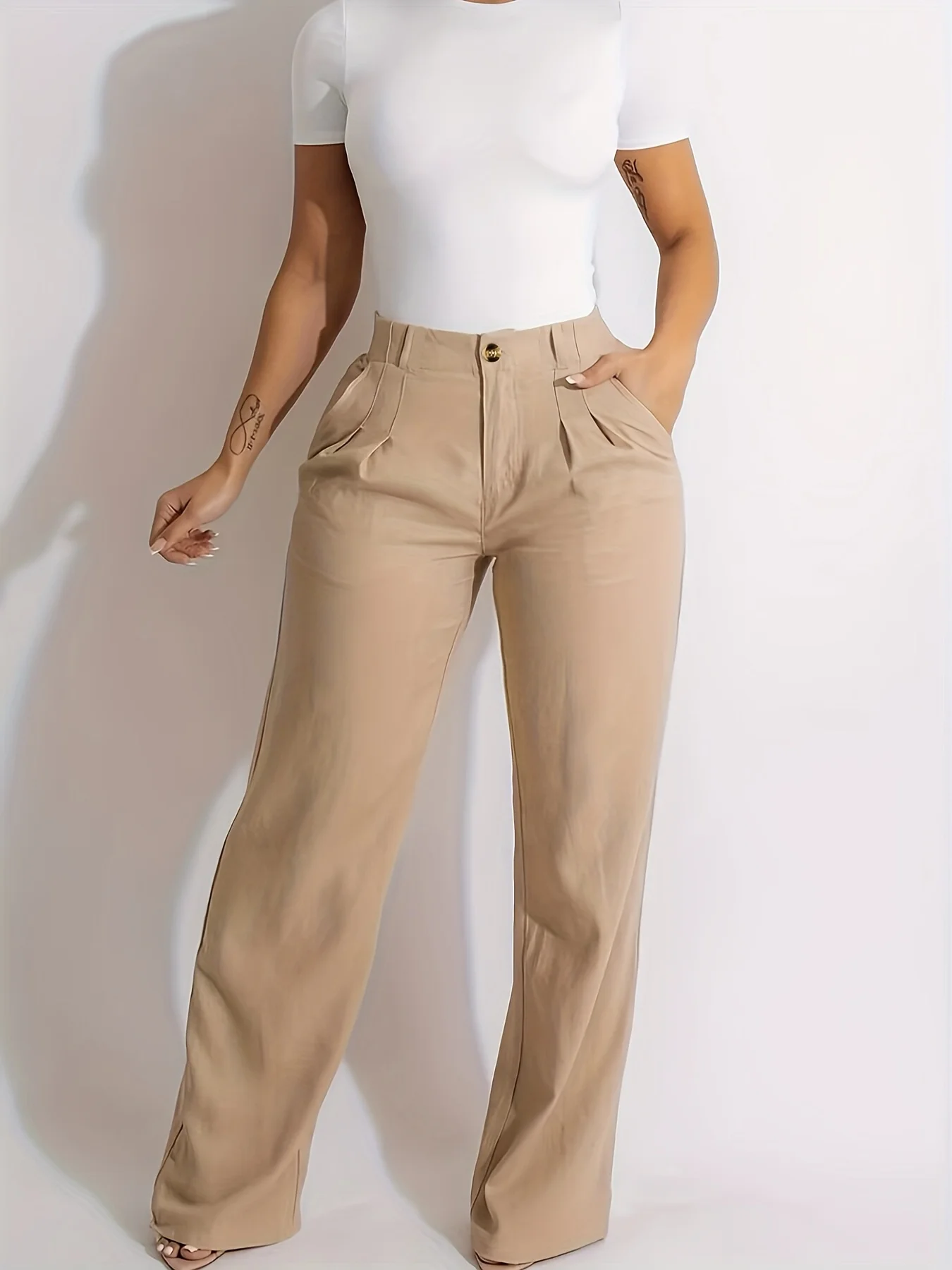 Pants for women in summer, simple and cool, wide leg pants with high waist, loose and casual straight zipper, pleated plain pant