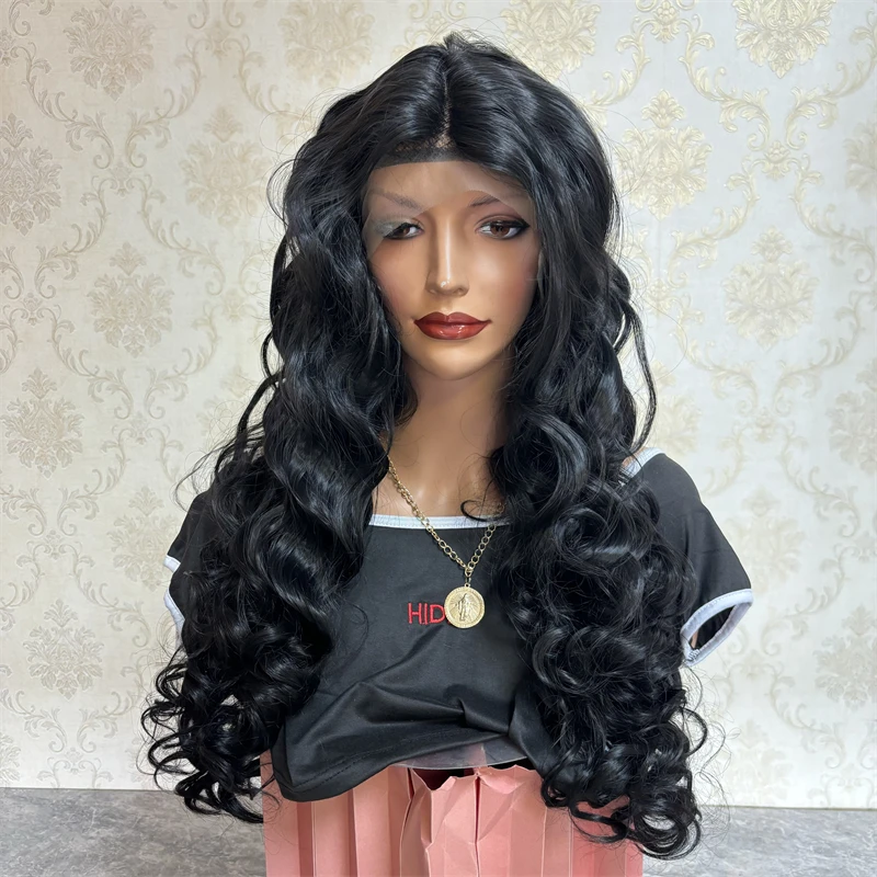 Top Grade Synthetic Lace Frontal Wigs Black 26Inch Long Lace Wig For Women High Temperature Fiber Cosplay Soft Glueless Dailyuse