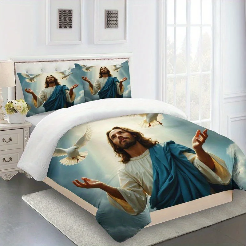 3-Piece Jesus and Dove Bedding Set, Duvet Cover and Pillowcases, Sacred Spiritual Serenity Prayer Christian Bedroom Decor, Soft Polyester Microfiber Fabric Suitable for Master Bedroom, Home, Church Decor, 1 Duvet Cover + 2 Pillowcases, Prayer Room Arrangement, Spiritual Decoration, Sacred Images, Religious Artwork, Durable Bedding, Comfortable Material, Bedding Set, Decorative Duvet Cover, Gifts for Believers, Religious Family