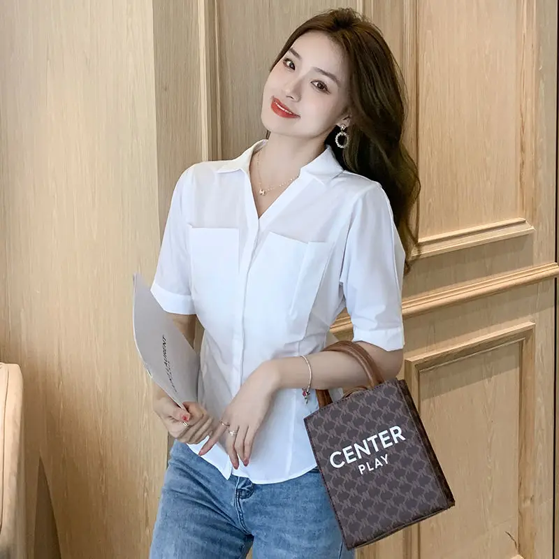 2024 New Fashion Ladies Chiffon Blouse New Turn Down Collar Solid Backless Shirt Summer Short Sleeve Tops Bottoming Shirt Q163