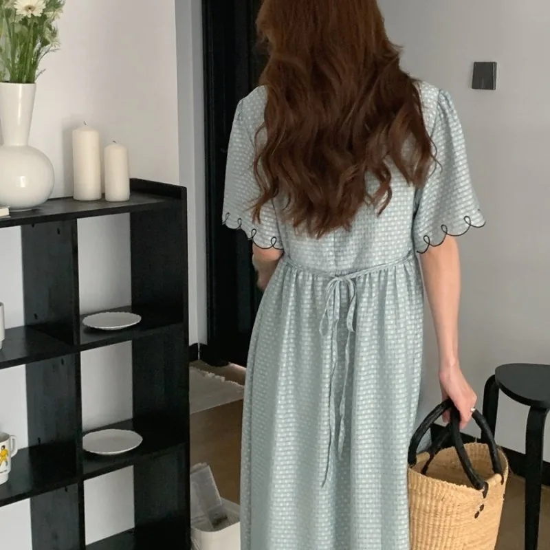 Women\'s Summer Vintage Long Gingham Belt Dress Puff Sleeve High Waist Elegant Loose Midi Scalloped Sundress